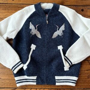 Varsity zip cardigan sweater with crane birds embroidered
